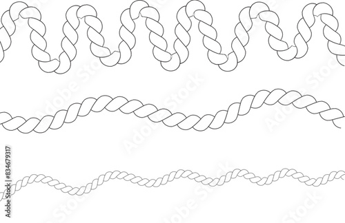  Different-thickness ropes set for decoration. Vector isolated on white background.