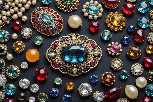 Vintage jewelry, brooches from the 20th century. Jewelry. Beads, colored crystals.Studio shot