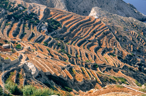 eingescanntes Diapositiv einer historischen Farbaufnahme von terassenförmig angeordneten, landwirtschaftlich genutzten Feldern auf der griechischen Insel Paros Luftaufnahme