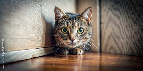 A stock photo of a scaredy cat hiding in a corner , frightened, nervous, anxious, timid, pet, feline, afraid, cute, animal, cowering, hiding, cautious, wary, spooky, scared, startled, timid photo
