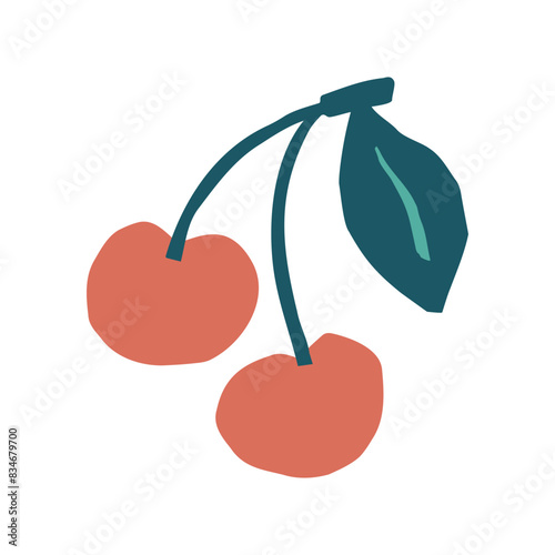 Cute cherry icon. Berries on a branch with a leaf. Vector flat hand drawn illustration in cartoon style