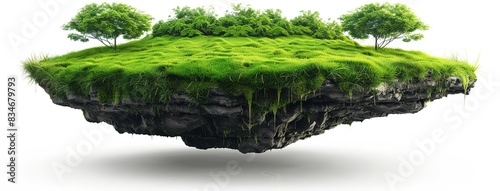 fantasy floating island with natural one tree on the rock, surreal float landscape with green grass. 3d illustration with cut of the ground and the grass landscape. The trees on the island. eco design