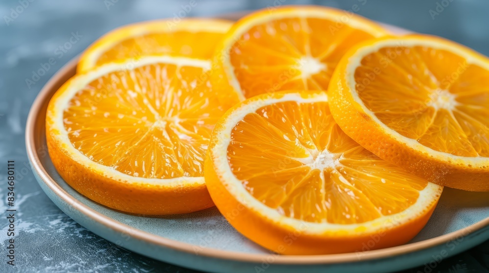 A white plate bears sliced oranges atop a blue counter Nearby, a bottle of orange juice and an orange juice glass stand by its side A white plate bears sliced oranges atop a blue counter Nearby, a bottle of orange juice and an orange juice glass stand by its side