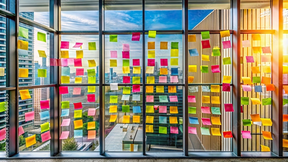 Colorful and organized collage of Post-it notes with inscriptions on office window, Post-it notes, inscriptions, messages, office window, colorful, collage, thoughts, ideas, creativity