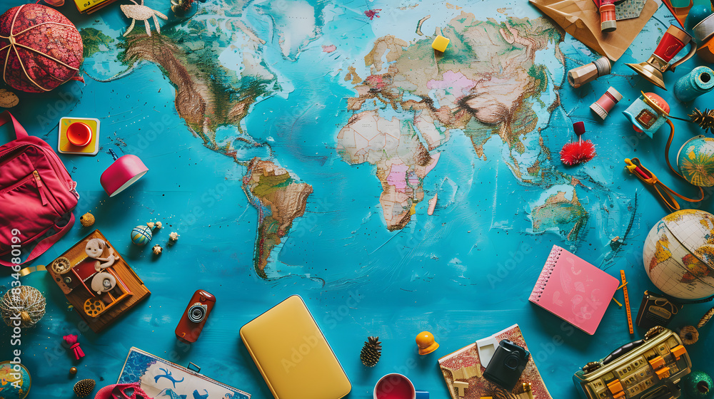 Fototapeta premium A funny trip journey around the world, top view of a vibrant life with cute objects and copy space for creative destination ideas.Travel around the world for a vibrant, colorful life, enjoying funny .