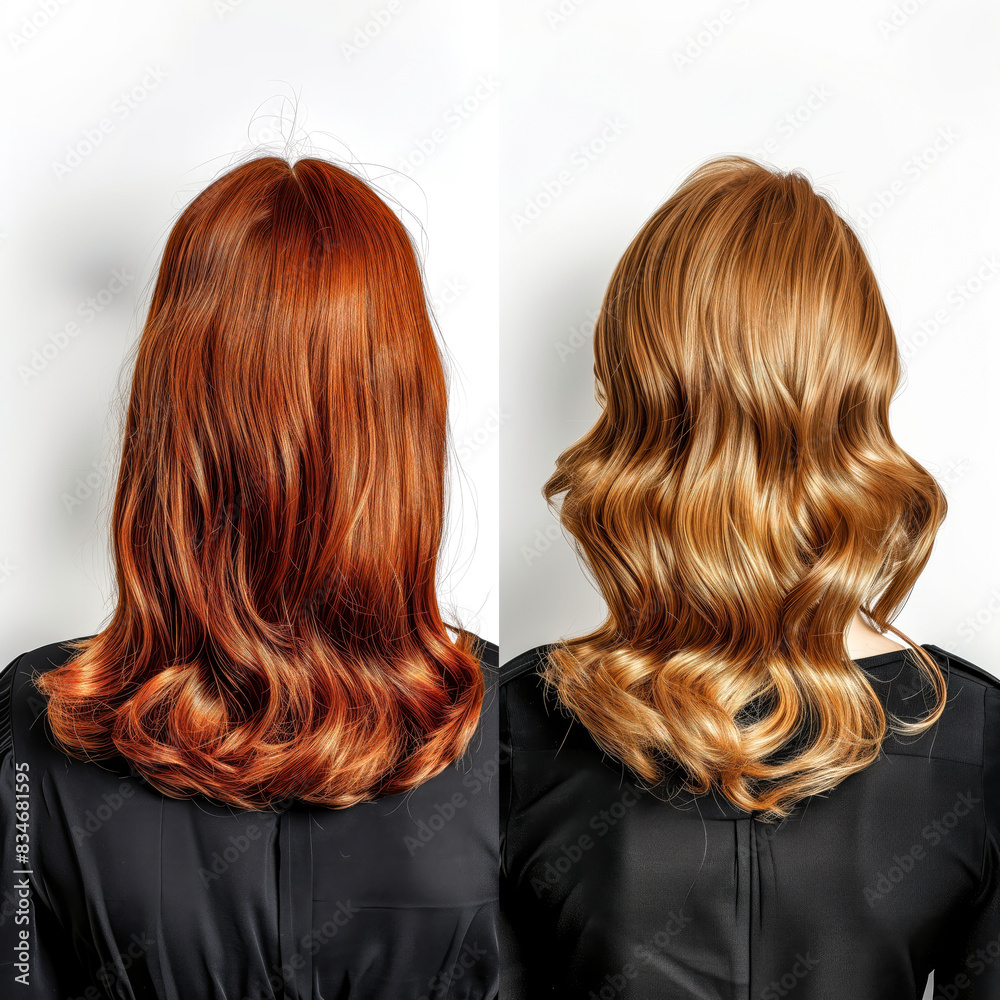 Fototapeta premium Hair color transformation, before and after, female, on white background