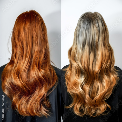 Hair color transformation, before and after, female, on white background