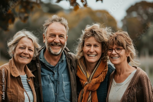 Portrait of a happy senior couple with their family in the autumn park.