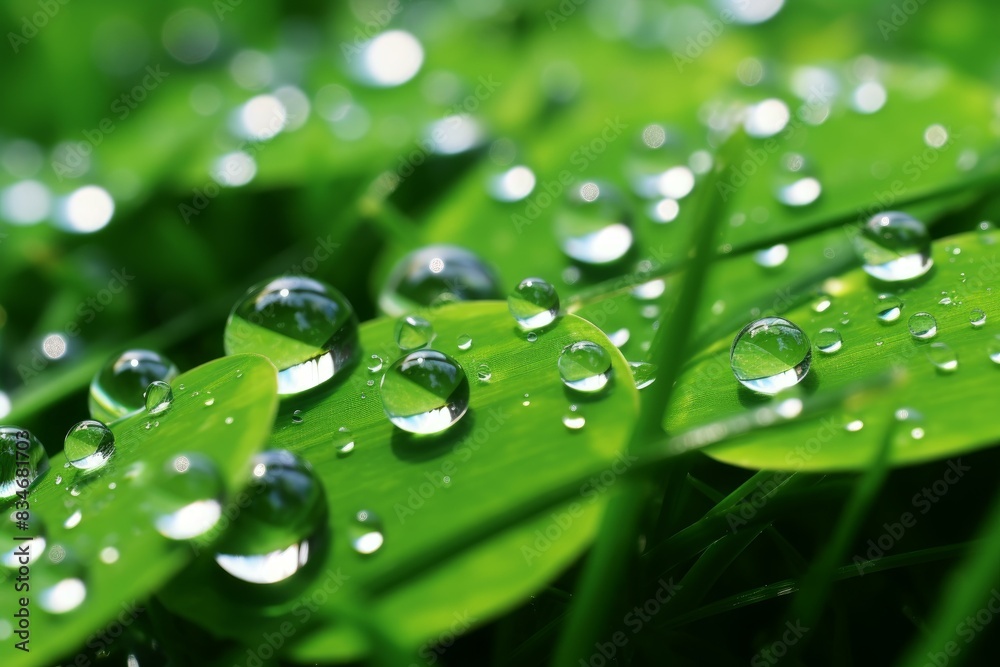 Close-up of sparkling water droplets on a lush leaf, reflecting the freshness of nature Close-up of sparkling water droplets on a lush leaf, reflecting the freshness of nature