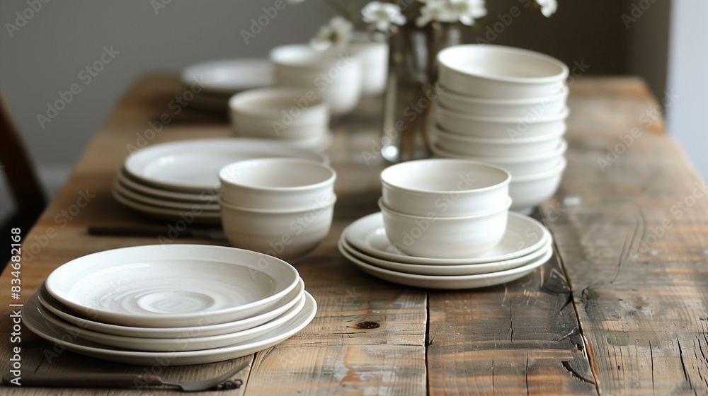 Minimalist white ceramic dinnerware set on a wooden dining table, modern home decor Minimalist white ceramic dinnerware set on a wooden dining table, modern home decor