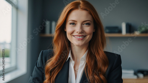 Lächelnde rothaarige Frau sitzt im Büro Free Download Lächelnde rothaarige Frau sitzt im Büro - GFXLoad