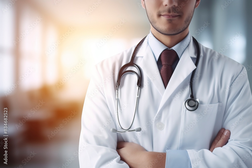 Doctor With Stethoscope with Hospital blur background, copy space, generative ai Doctor With Stethoscope with Hospital blur background, copy space, generative ai