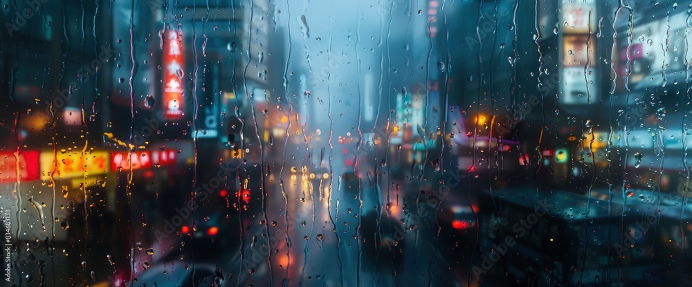 A Rainy Day Window Scene With Droplets Cascading Down The Glass, Overlooking A City Skyline Adorned With Flickering Neon Signs And Distant Skyscrapers A Rainy Day Window Scene With Droplets Cascading Down The Glass, Overlooking A City Skyline Adorned With Flickering Neon Signs And Distant Skyscrapers
