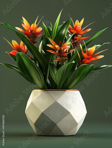 Geometric Pot with Bromeliads A Striking 3D Rendered Floral Arrangement photo