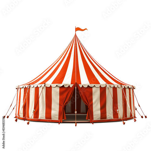 Red and blue striped circus tent with flag on top