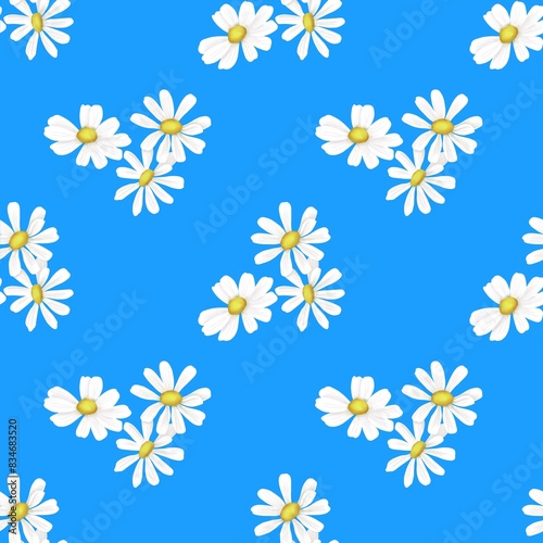 Seamless floral pattern. White chamomile on a blue background drawn by hand