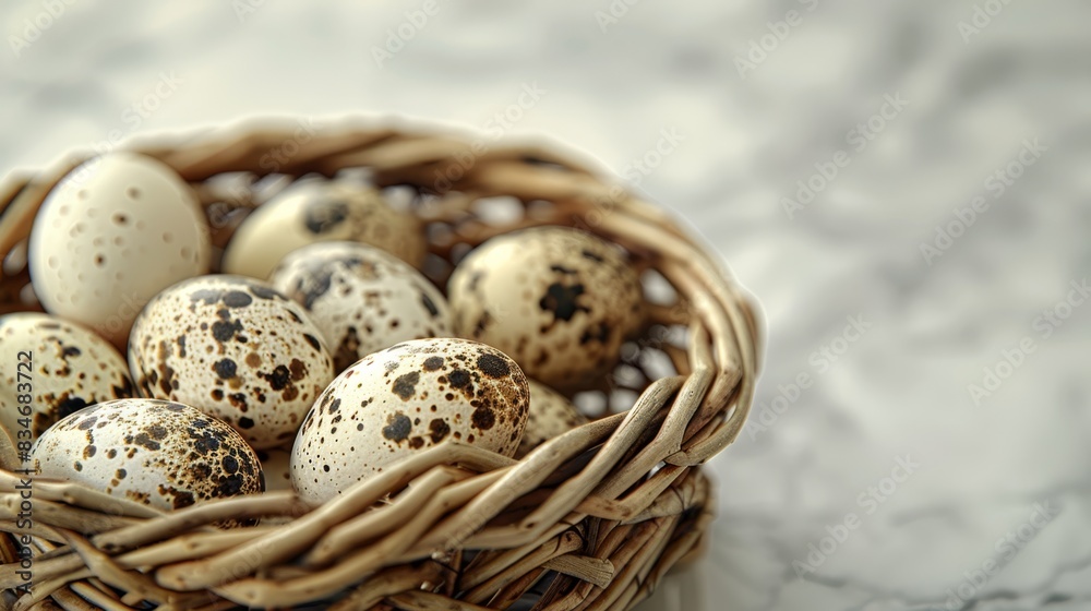A basket holds brown and white eggs atop a marble counter, adjacent to a white and gray one A black speckled egg sits in the gray counter's indentation A basket holds brown and white eggs atop a marble counter, adjacent to a white and gray one A black speckled egg sits in the gray counter's indentation