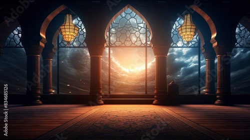Moon light shine through the window into islamic mosque interior. Ramadan Kareem islamic background  generative ai
