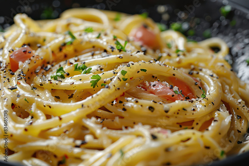 Close-up image of dish of Spaghetti Carbonara, Italian cuisine, typical italian recipe of pasta with guanciale, egg ad pecorino romano cheese. Traditional italian cuisine. Generative AI photo