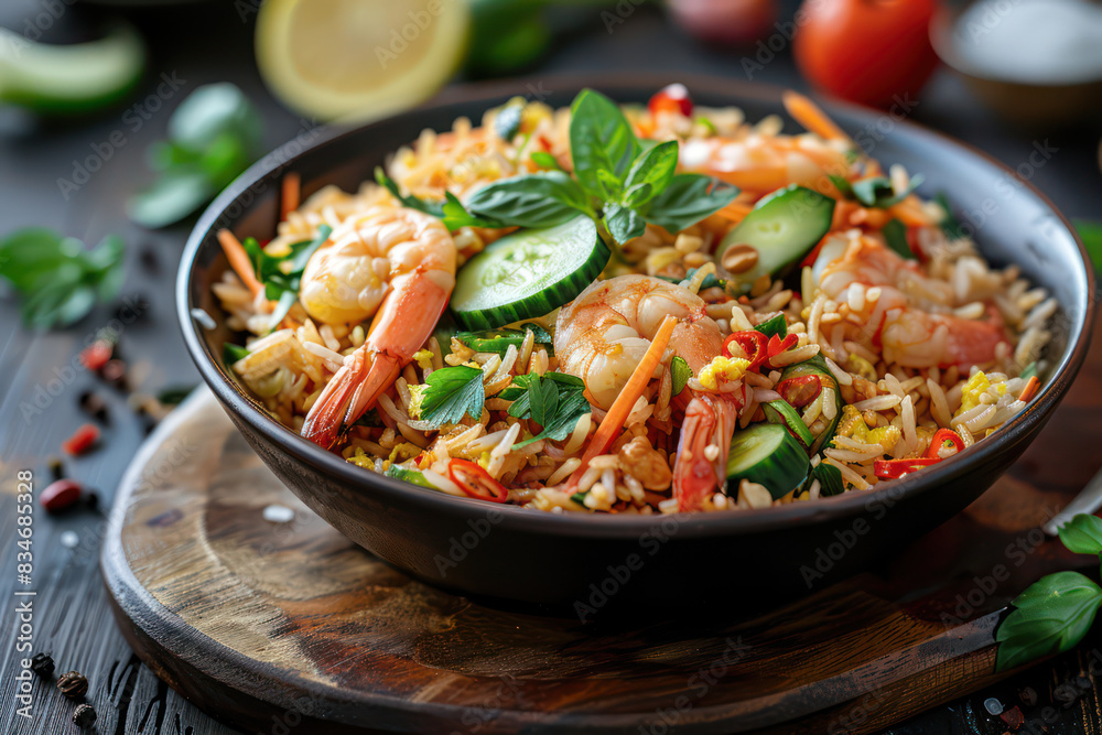 Thai Fried Rice (Khao Pad) with shrimp and vegetables, garnish cucumber, lemon and spring onions. Food and cuisine concept for poster or menu restaurant, Banner website, Ads. Generative AI