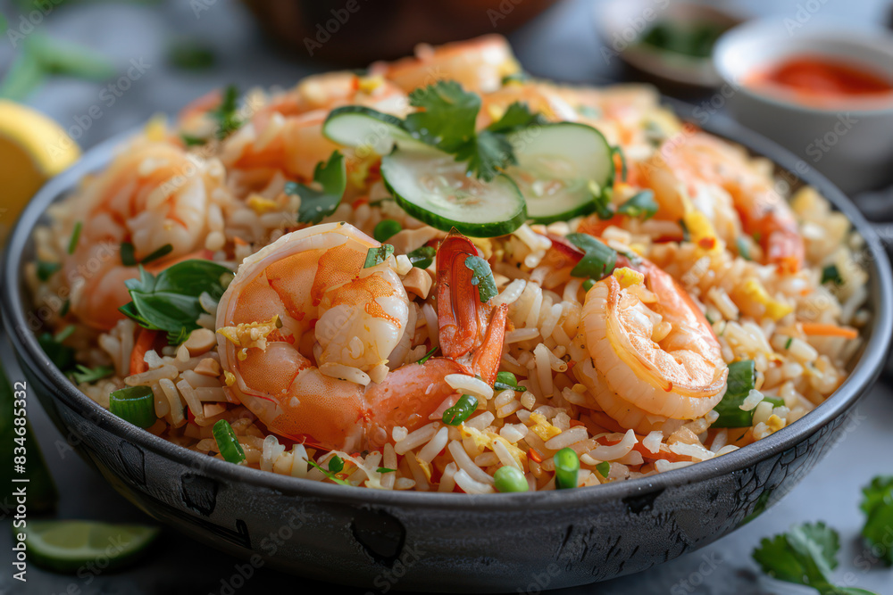 Thai Fried Rice (Khao Pad) with shrimp and vegetables, garnish cucumber, lemon and spring onions. Food and cuisine concept for poster or menu restaurant, Banner website, Ads. Generative AI