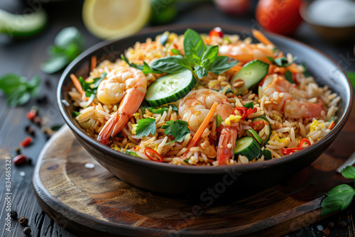 Thai Fried Rice (Khao Pad) with shrimp and vegetables, garnish cucumber, lemon and spring onions. Food and cuisine concept for poster or menu restaurant, Banner website, Ads. Generative AI