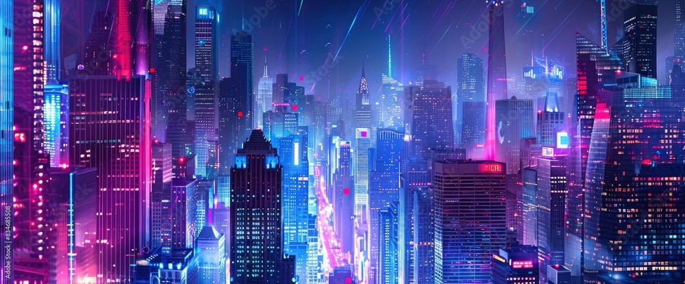 City Skyline At Night With Illuminated Skyscrapers, Bustling Streets, Futuristic Atmosphere, Digital Art Style, Vibrant Neon Palette, Ambient Glow City Skyline At Night With Illuminated Skyscrapers, Bustling Streets, Futuristic Atmosphere, Digital Art Style, Vibrant Neon Palette, Ambient Glow