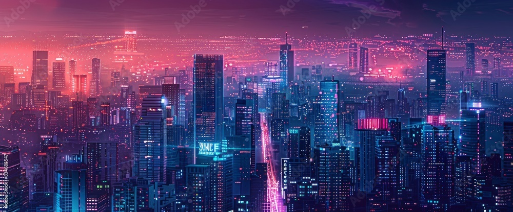 Obraz premium City Skyline At Night With Illuminated Skyscrapers, Bustling Streets, Futuristic Atmosphere, Digital Art Style, Vibrant Neon Palette, Ambient Glow