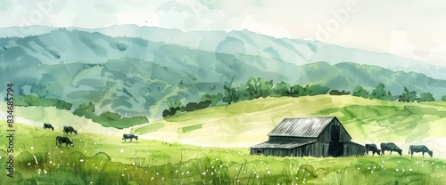 Countryside Barn With Grazing Cows, Rolling Hills, Peaceful Mood, Watercolor Illustration Style, Soft Pastel Hues, Gentle Breeze