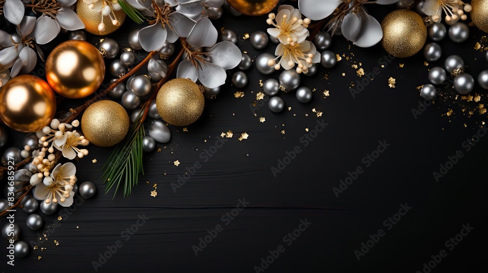 Fototapeta premium Top view of Christmas decorations with light bulb ornaments and plants