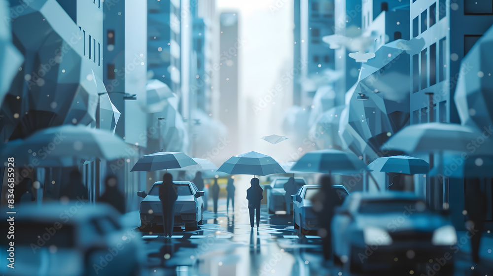 Rainy city street with flowing cars, traffic, people walking with umbrellas, surrounded by concept paper cut craft Rainy city street with flowing cars, traffic, people walking with umbrellas, surrounded by concept paper cut craft