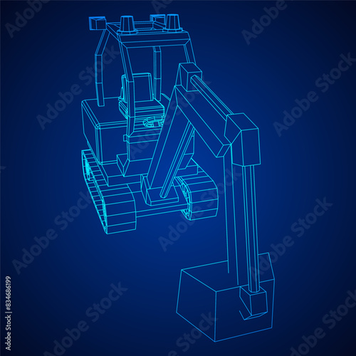 Heavy equipment excavator machine manufacturing power equipment for open pit mining. Wireframe low poly mesh vector illustration