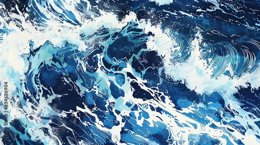 Great wave, turbulent ocean, Japanese woodblock print style, rich blue and white, dynamic scene, topdown view Great wave, turbulent ocean, Japanese woodblock print style, rich blue and white, dynamic scene, topdown view
