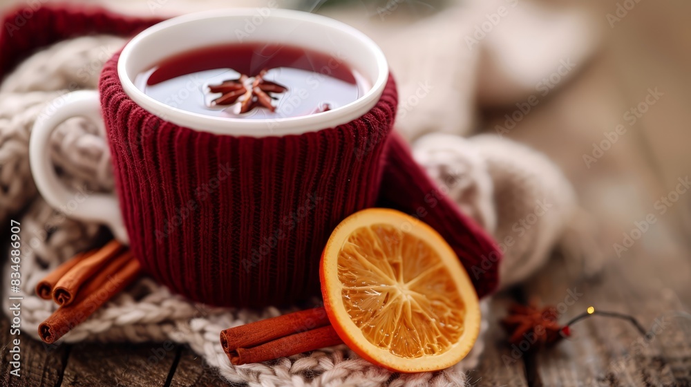 A cup of tea with an orange slice and cinnamon on a knitted tablecloth Next to it, an orange slice garnished with cinnamon on a wooden table A cup of tea with an orange slice and cinnamon on a knitted tablecloth Next to it, an orange slice garnished with cinnamon on a wooden table
