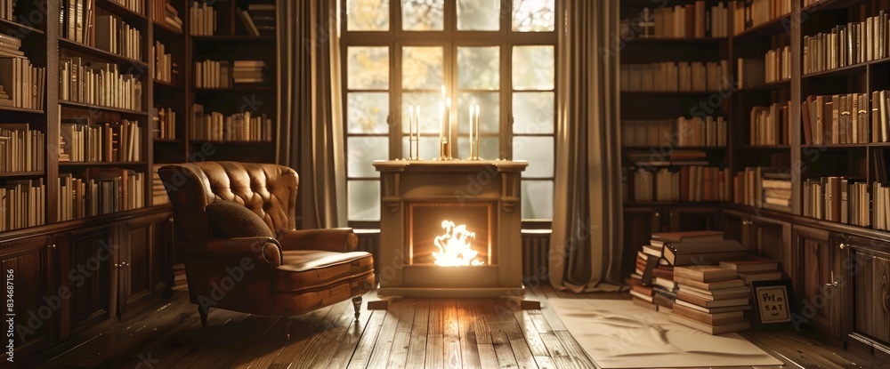 Cozy Study With Bookshelves, Leather Armchair, Fireplace, Nostalgic Feel, Vintage-Inspired Illustration Style, Sepia Tones, Soft Candlelight Cozy Study With Bookshelves, Leather Armchair, Fireplace, Nostalgic Feel, Vintage-Inspired Illustration Style, Sepia Tones, Soft Candlelight