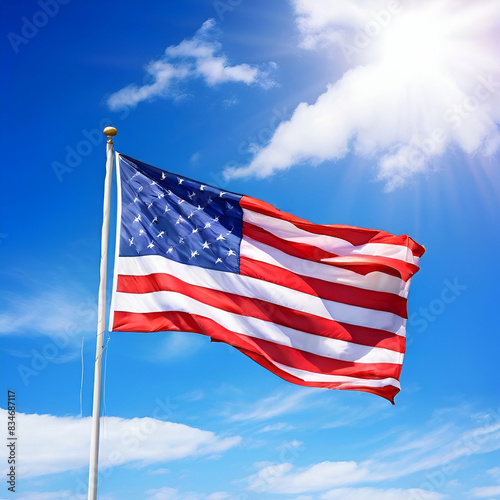 low angle view of stars and stripes on american flag against blue sky
