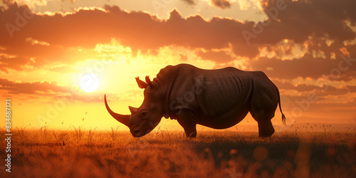 Majestic rhino on the savannah against a vibrant sunset wildlife in natural habitat stunning nature. photo