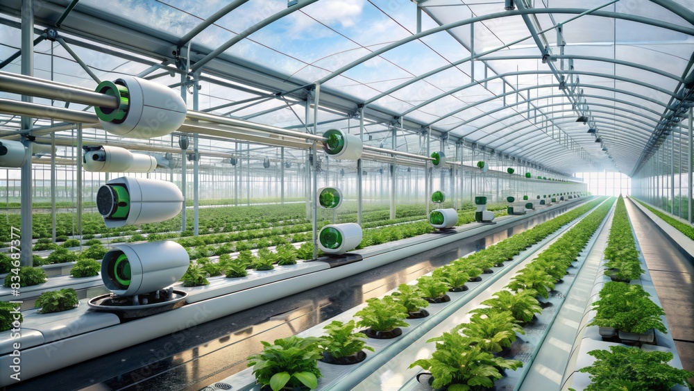 Modern greenhouse filled with lush hydroponic crops, ai-powered monitoring systems, and futuristic agricultural technology, showcasing the future of smart farming and high-tech crop cultivation. Modern greenhouse filled with lush hydroponic crops, ai-powered monitoring systems, and futuristic agricultural technology, showcasing the future of smart farming and high-tech crop cultivation.