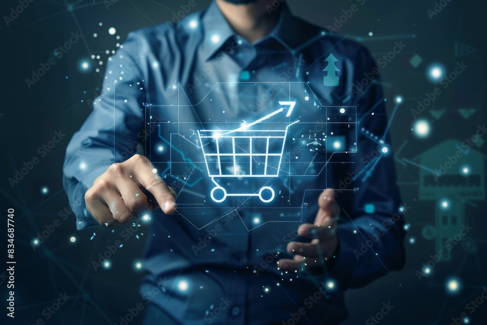 Merchants touch virtual sales growth charts and shopping cart ICONS on a transparent screen, representing the concept of business success. This person is using a tablet to analyze the performance of a