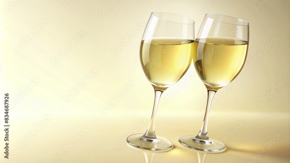 Two elegant wineglasses filled with white wine, arranged artfully on a light yellow background, perfect for summer gatherings, wine shops, or romantic dinners, with ample copy space. Two elegant wineglasses filled with white wine, arranged artfully on a light yellow background, perfect for summer gatherings, wine shops, or romantic dinners, with ample copy space.