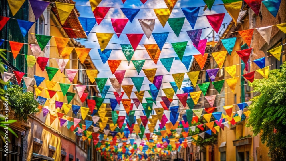 Obraz premium Vibrant handmade paper flags in assorted colors and shapes suspended above a street, evoking festive atmosphere for cultural celebrations and holidays.