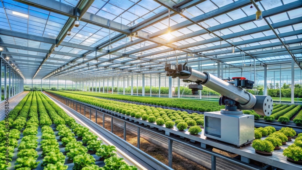 Futuristic greenhouse with hydroponic plants, ai-powered monitoring systems, and sleek machinery, showcasing cutting-edge smart farming technology Futuristic greenhouse with hydroponic plants, ai-powered monitoring systems, and sleek machinery, showcasing cutting-edge smart farming technology
