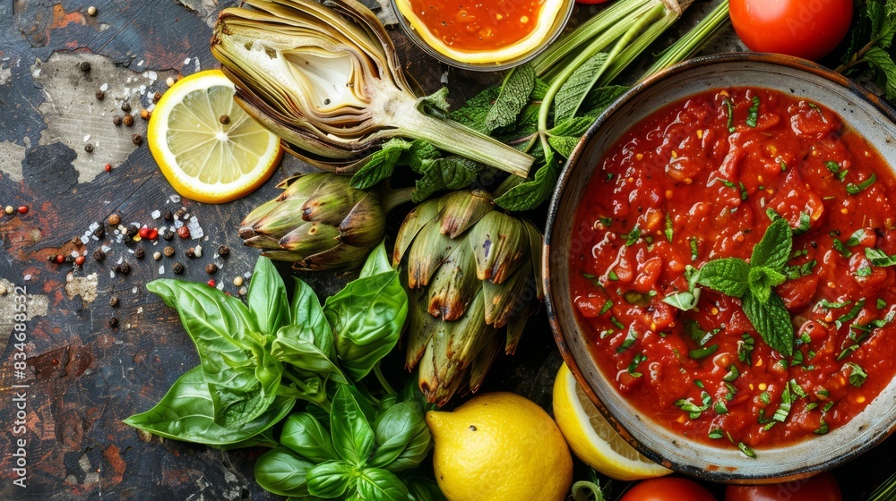 tomatoes, basil, garlic, and lemon wedges Also present are whole lemons tomatoes, basil, garlic, and lemon wedges Also present are whole lemons