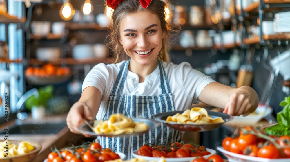 A woman stands before a laden table Tomatoes, pasta, lettuce, and more pasta, alongside bowls of tomatoes and lettuce A woman stands before a laden table Tomatoes, pasta, lettuce, and more pasta, alongside bowls of tomatoes and lettuce