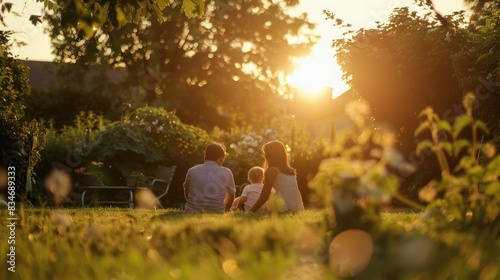 happy family in their garden relaxing at sunset