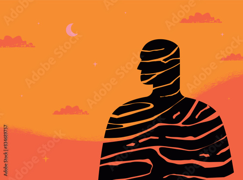 A human silhouette disintegrating into many parts. The metaphor of dissociative, identity disorders, personality destruction, PTSD.