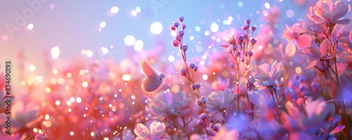 shining flowers in the wind background, pink, lilac purple colors wallpaper with a little bird on the scene iridescent blossoms