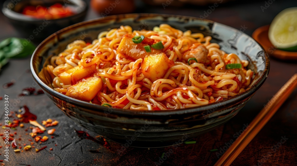 A close-up of a bowl filled with food, chopsticks resting beside it In the background, another bowl of food with chopsticks placed on the table A close-up of a bowl filled with food, chopsticks resting beside it In the background, another bowl of food with chopsticks placed on the table