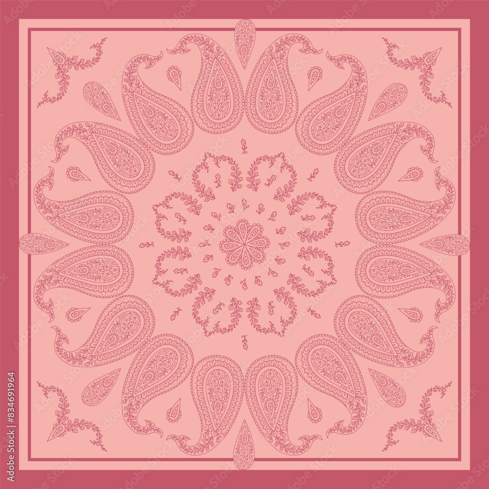 Fototapeta premium Monochrome pink scarf or bandana design with paisley mandala pattern and floral elements. Ethnic carpet design.