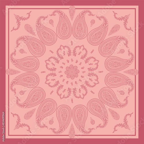 Monochrome pink scarf or bandana design with paisley mandala pattern and floral elements. Ethnic carpet design. (ID: 834691964)